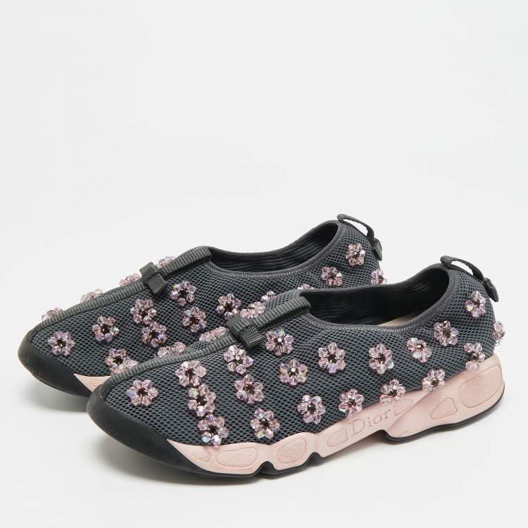 Pre Owned Dior Fusion Crystal Embellished Size 39.5 Grey Mesh Slip On Sneakers