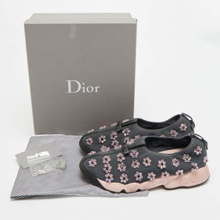 Pre Owned Dior Fusion Crystal Embellished Size 39.5 Grey Mesh Slip On Sneakers