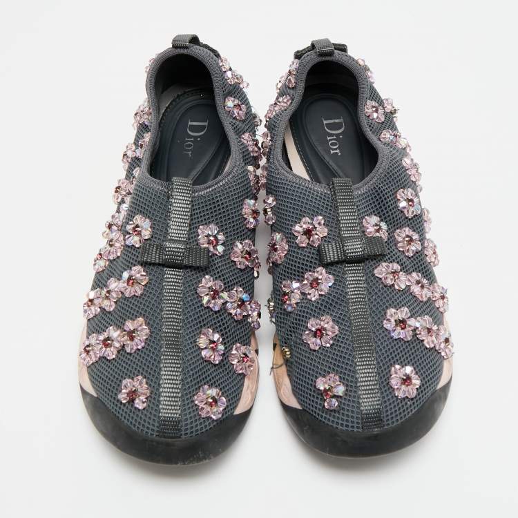 Pre Owned Dior Fusion Crystal Embellished Size 39.5 Grey Mesh Slip On Sneakers