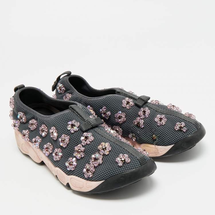 Pre Owned Dior Fusion Crystal Embellished Size 39.5 Grey Mesh Slip On Sneakers