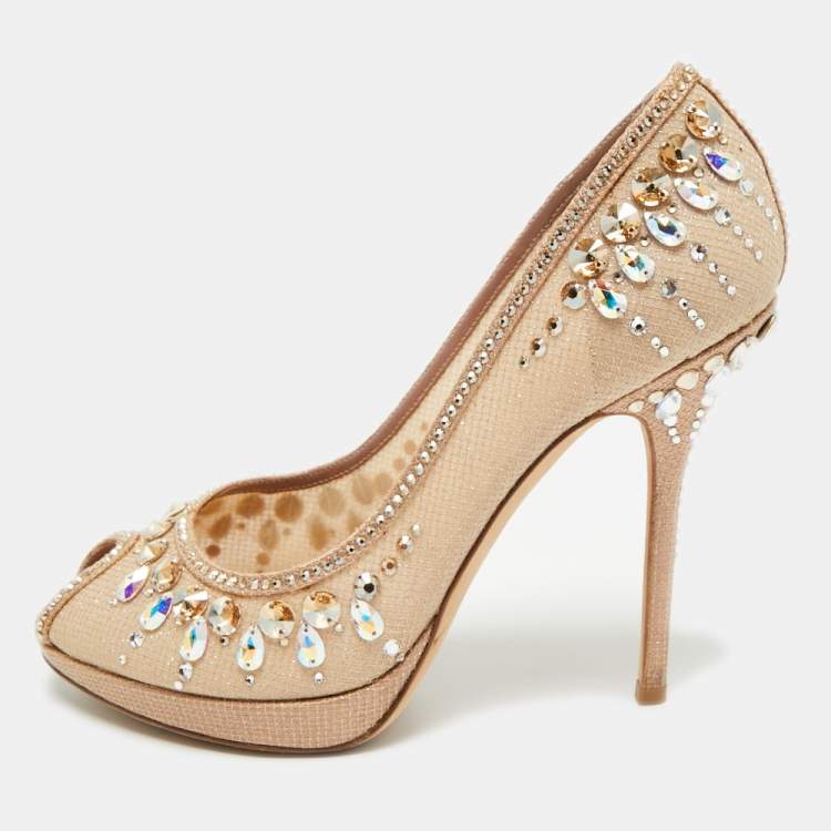 مملوكة مسبقًا Dior Size 39 Beige Mesh and Net Peep Crystal Embellished Toe Pumps