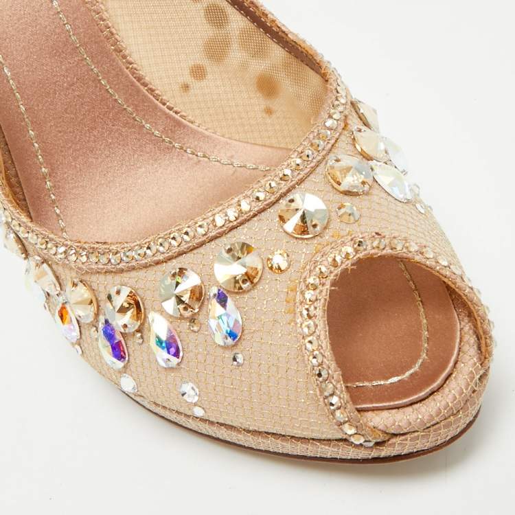 مملوكة مسبقًا Dior Size 39 Beige Mesh and Net Peep Crystal Embellished Toe Pumps