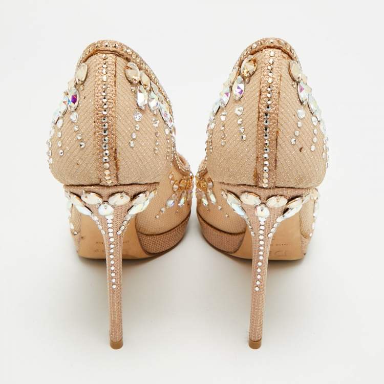 مملوكة مسبقًا Dior Size 39 Beige Mesh and Net Peep Crystal Embellished Toe Pumps