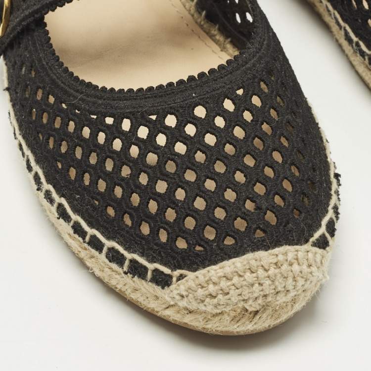 Pre Owned Dior Caro Size 37 Black Fabric Espadrille Mary-Jane Flats