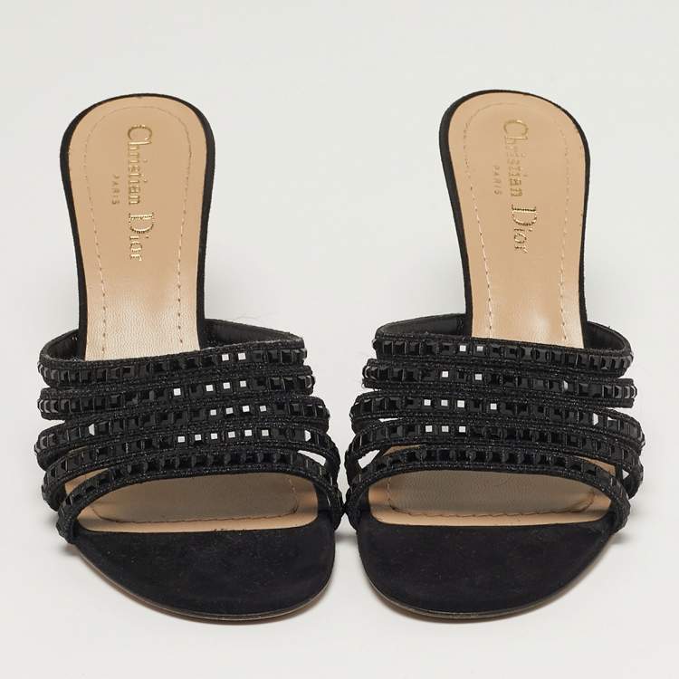 مملوكة مسبقًا Dior Size 38 Black Suede Crystal Embellished Slide Sandals