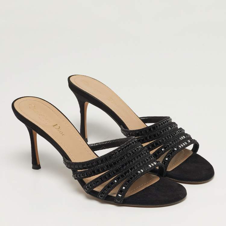 مملوكة مسبقًا Dior Size 38 Black Suede Crystal Embellished Slide Sandals