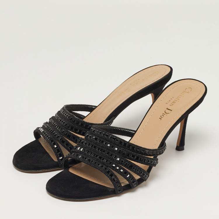 مملوكة مسبقًا Dior Size 38 Black Suede Crystal Embellished Slide Sandals