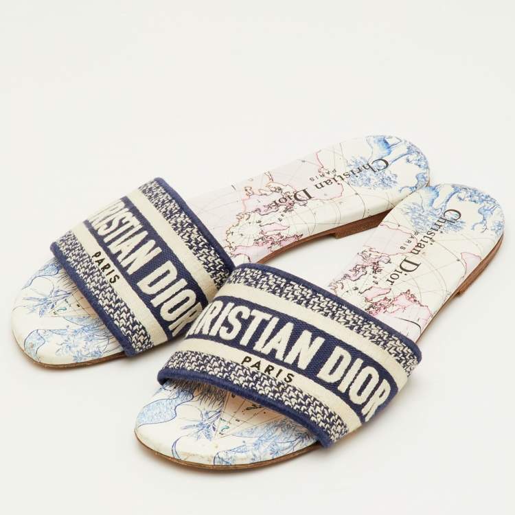 Pre Owned Dior Dway Size 36 Navy Blue/White Embroidered Canvas Flat Slide Sandals