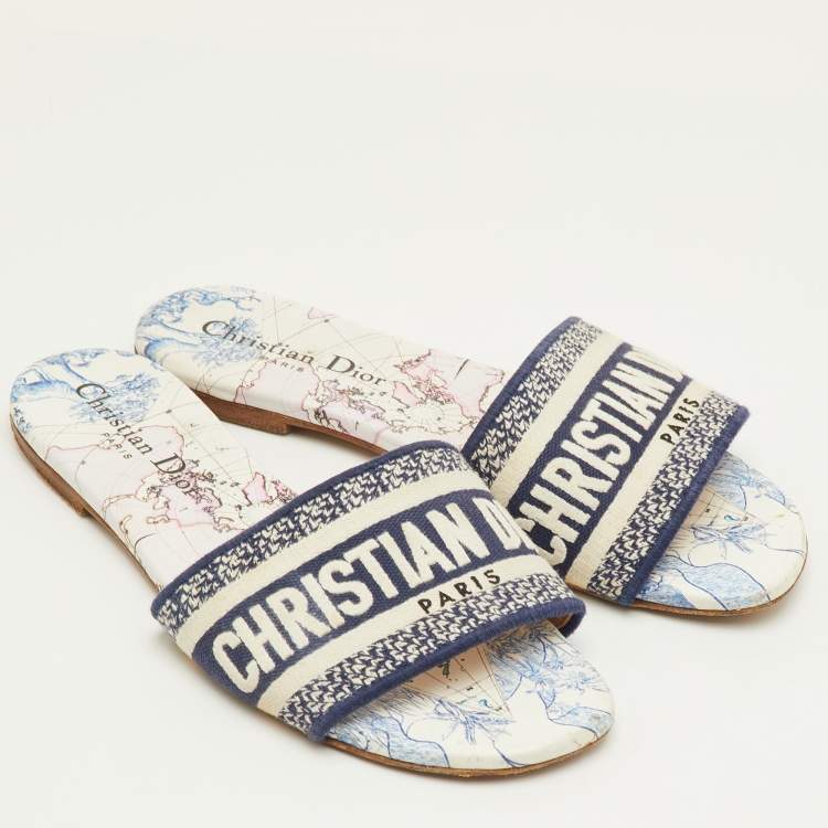 Pre Owned Dior Dway Size 36 Navy Blue/White Embroidered Canvas Flat Slide Sandals