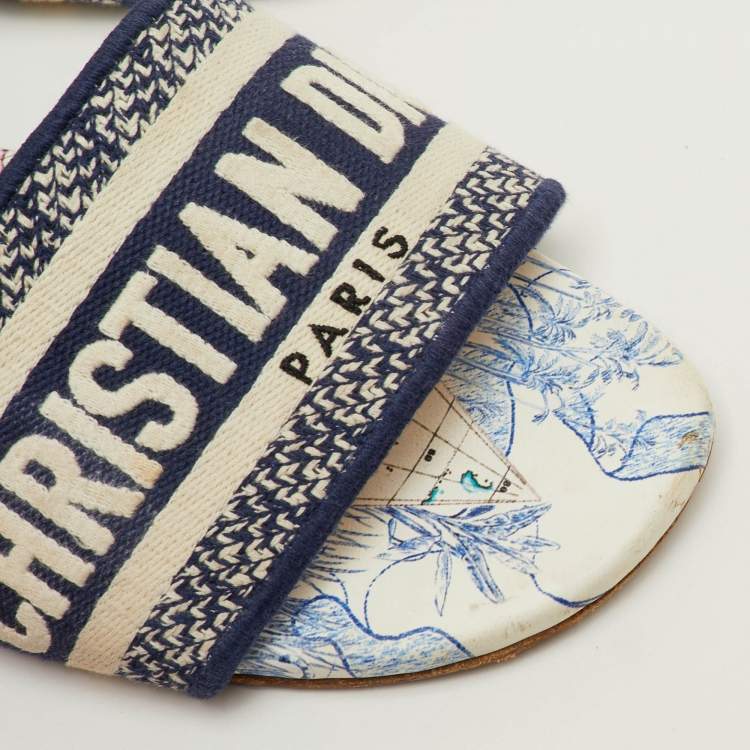 Pre Owned Dior Dway Size 36 Navy Blue/White Embroidered Canvas Flat Slide Sandals