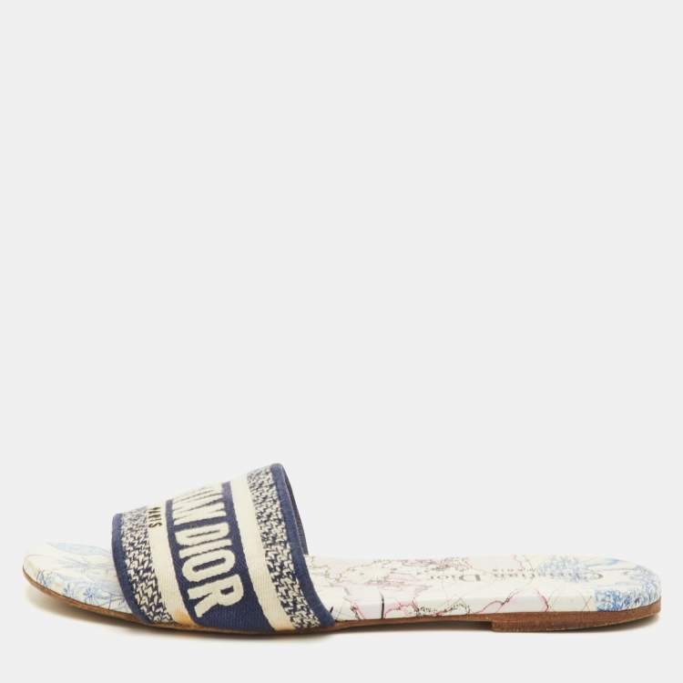 Pre Owned Dior Dway Size 36 Navy Blue/White Embroidered Canvas Flat Slide Sandals