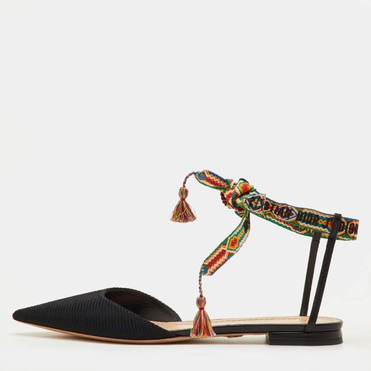 Pre Owned Dior J'Adior Size 41 Black Fabric Pointed Toe Ankle Wrap Flats