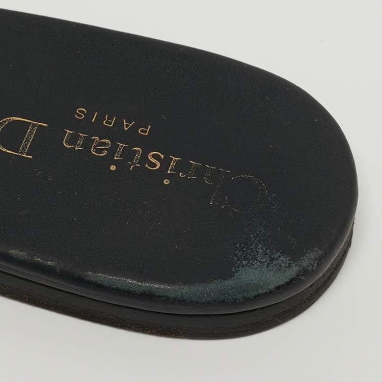 Pre Owned Dior Dway Size 39.5 Navy Blue Embroidered Canvas Flat Slides 