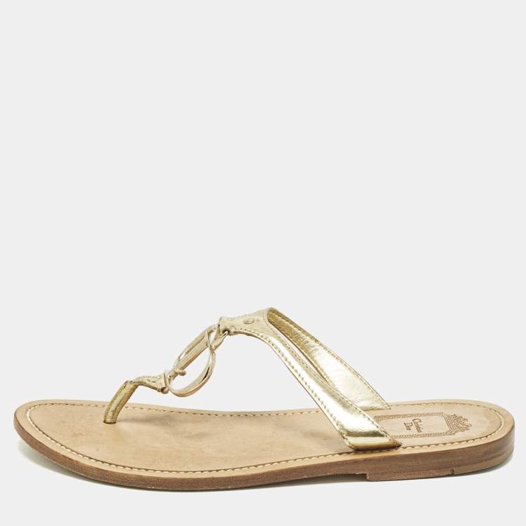 Pre Owned Dior CD Size 38.5 Gold Leather Thong Sandals