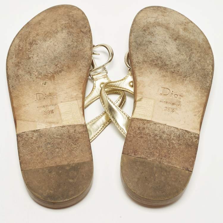 Pre Owned Dior CD Size 38.5 Gold Leather Thong Sandals