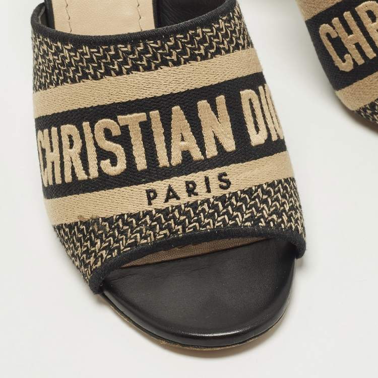 Pre Owned Dior Dway Size 36 Black/Beige Embroidered Canvas Slide Sandals