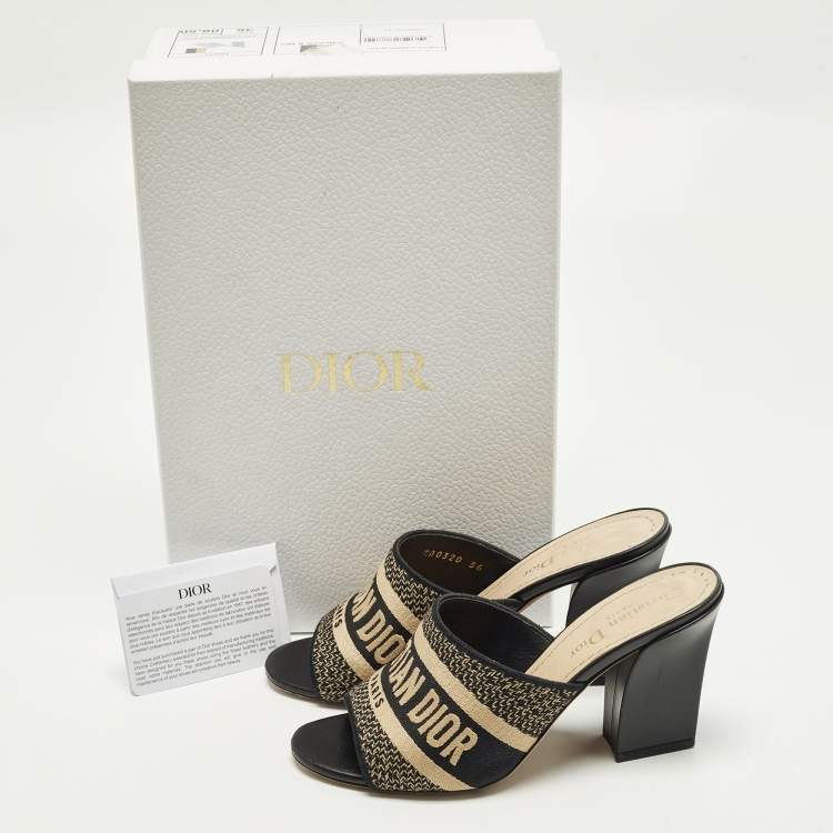 Pre Owned Dior Dway Size 36 Black/Beige Embroidered Canvas Slide Sandals