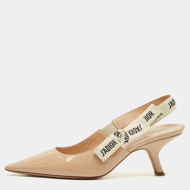Pre Owned Dior J'Adior Size 38 Beige/White Canvas and Patent Leather Slingback Pumps