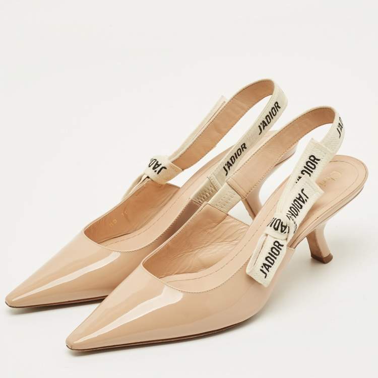 Pre Owned Dior J'Adior Size 38 Beige/White Canvas and Patent Leather Slingback Pumps