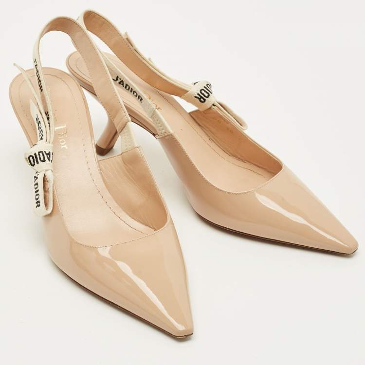 Pre Owned Dior J'Adior Size 38 Beige/White Canvas and Patent Leather Slingback Pumps