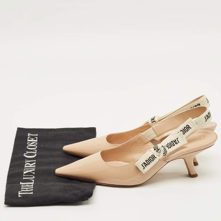 Pre Owned Dior J'Adior Size 38 Beige/White Canvas and Patent Leather Slingback Pumps