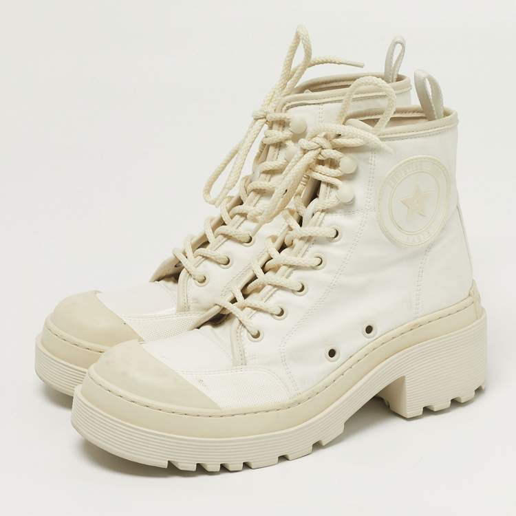 Pre Owned Dior Size 36.5 White Canvas and Leather Combat Boots