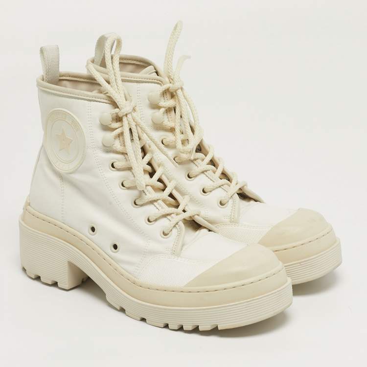 Pre Owned Dior Size 36.5 White Canvas and Leather Combat Boots