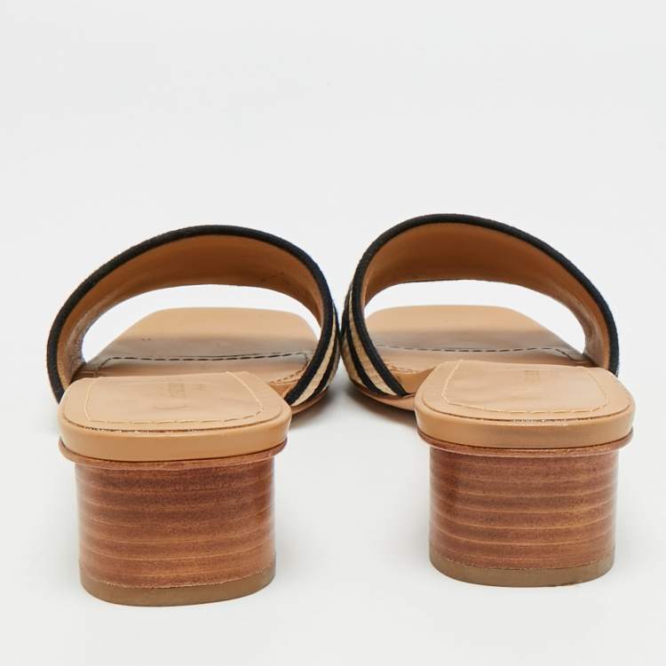 Pre Owned Dior Dway Size 39 Brown/Black Embroidered Canvas Slide Sandals