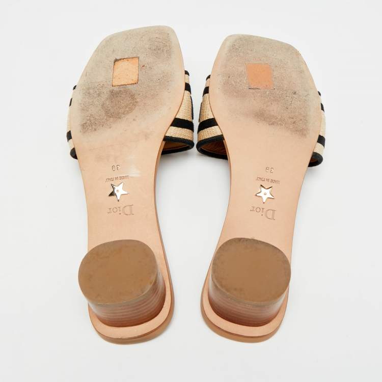 Pre Owned Dior Dway Size 39 Brown/Black Embroidered Canvas Slide Sandals