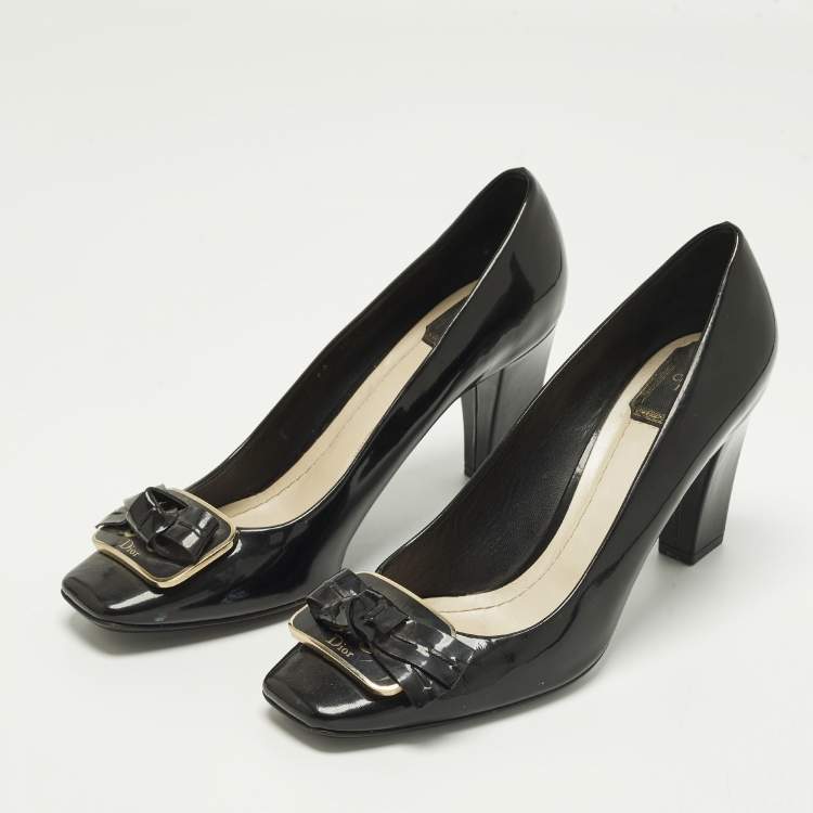 Pre Owned Dior Size 40.5 Black Patent Leather Bow Block Heel Pumps