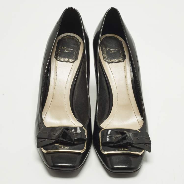 Pre Owned Dior Size 40.5 Black Patent Leather Bow Block Heel Pumps