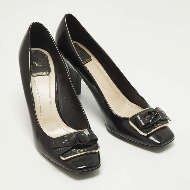 Pre Owned Dior Size 40.5 Black Patent Leather Bow Block Heel Pumps