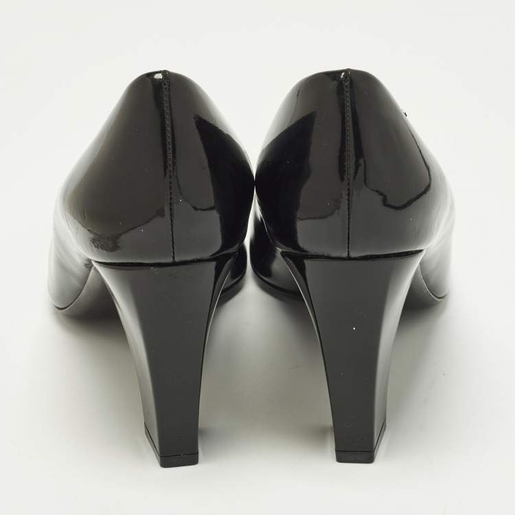 Pre Owned Dior Size 40.5 Black Patent Leather Bow Block Heel Pumps