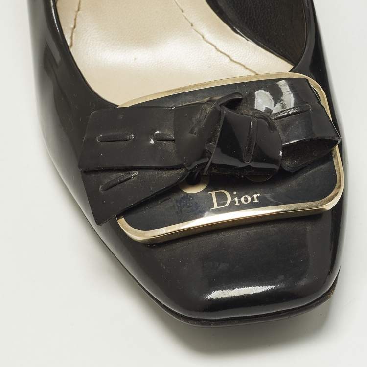 Pre Owned Dior Size 40.5 Black Patent Leather Bow Block Heel Pumps