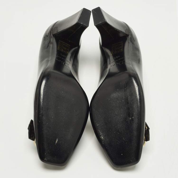 Pre Owned Dior Size 40.5 Black Patent Leather Bow Block Heel Pumps