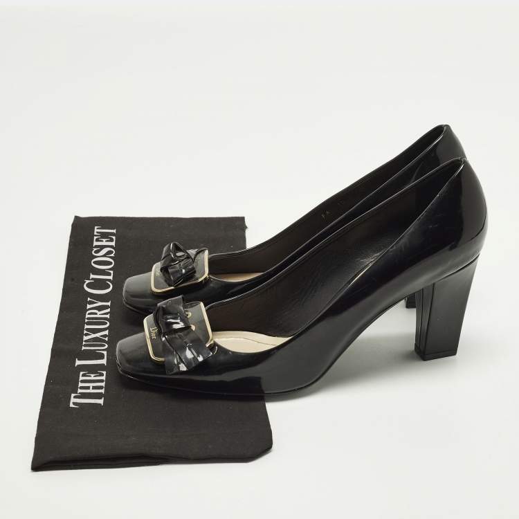 Pre Owned Dior Size 40.5 Black Patent Leather Bow Block Heel Pumps