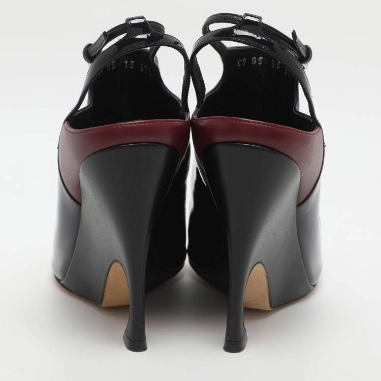Pre Owned Dior Size 37.5 Black Patent Leather Wedge Slingback Sandals