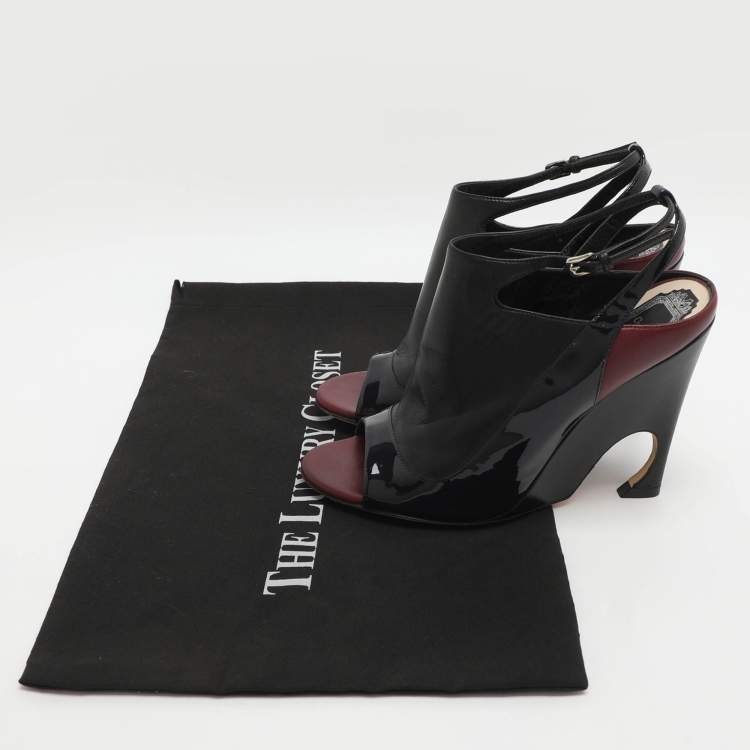 Pre Owned Dior Size 37.5 Black Patent Leather Wedge Slingback Sandals
