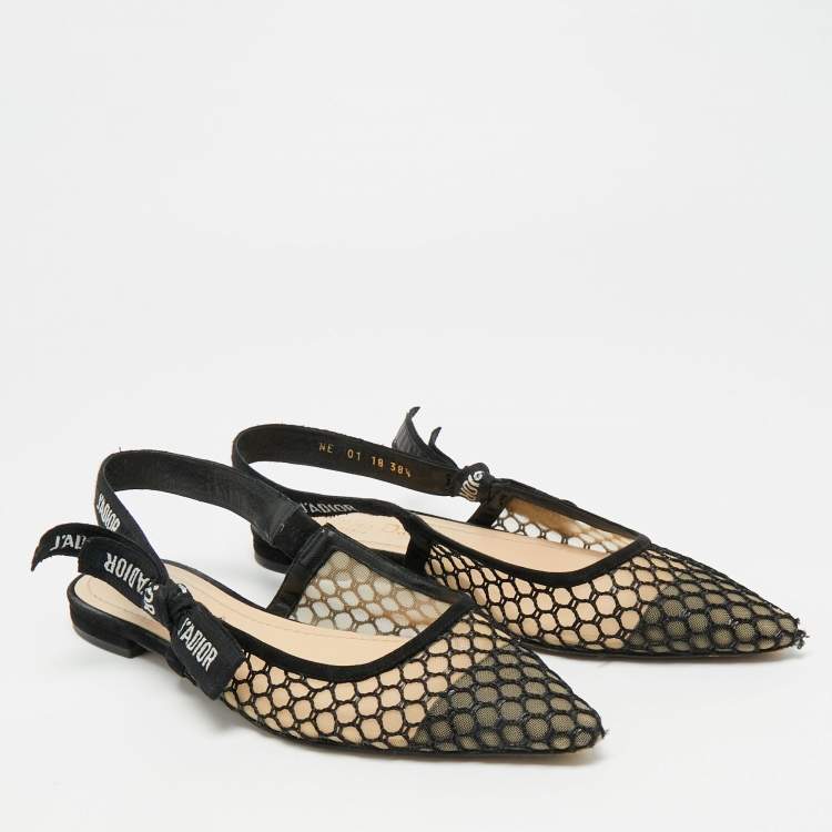 Pre Owned Dior J'Adior Size 38.5 Black Mesh and Suede Slingback Flats