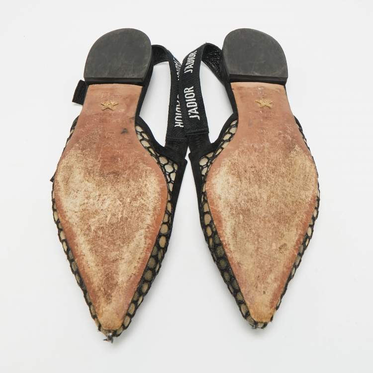 Pre Owned Dior J'Adior Size 38.5 Black Mesh and Suede Slingback Flats
