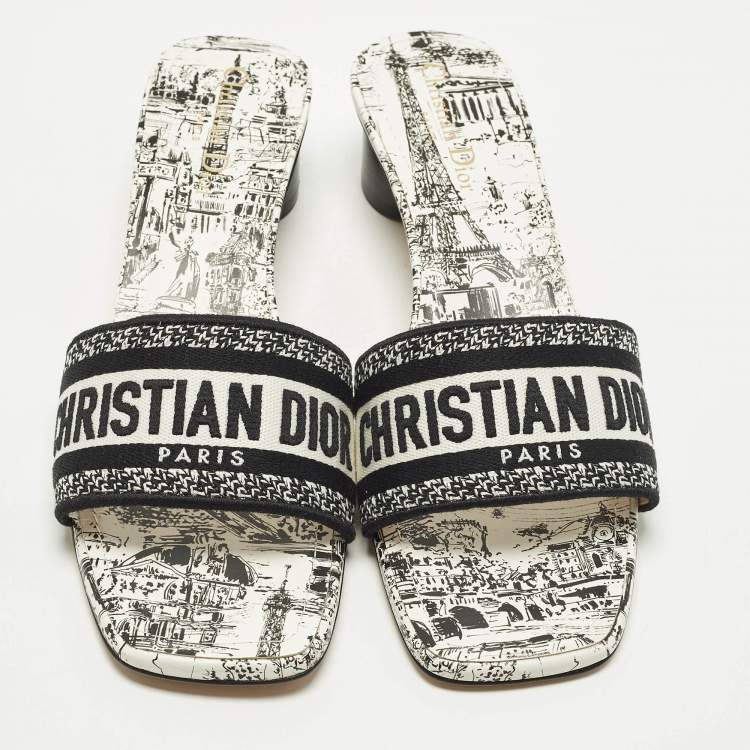 Pre Owned Dior Dway Size 41 White/Black Embroidered Canvas Slide Sandals
