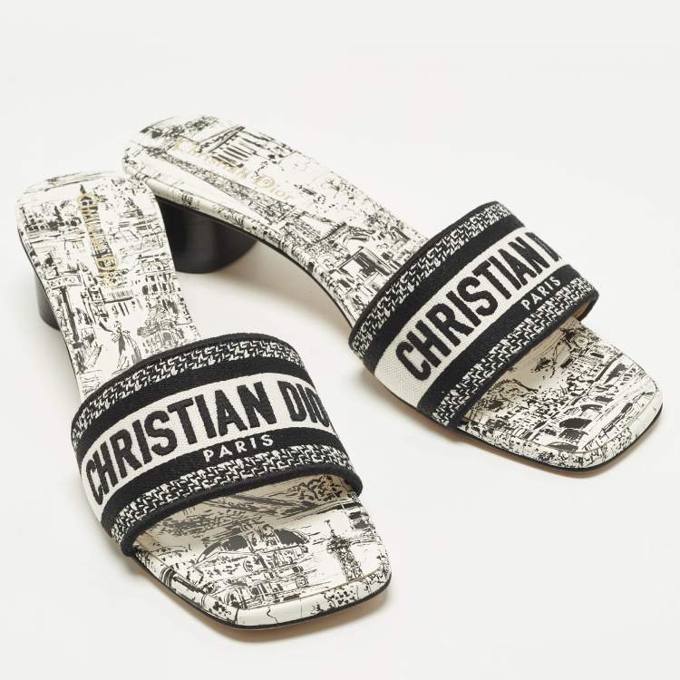 Pre Owned Dior Dway Size 41 White/Black Embroidered Canvas Slide Sandals