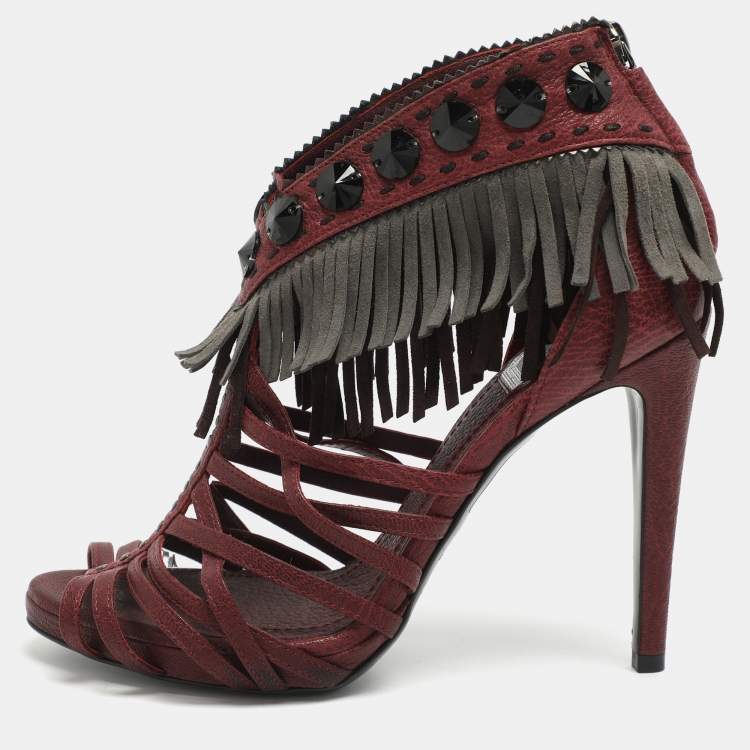Pre Owned Dior Size 36.5 Burgundy Leather and Suede Fringe Ankle Strap Sandals