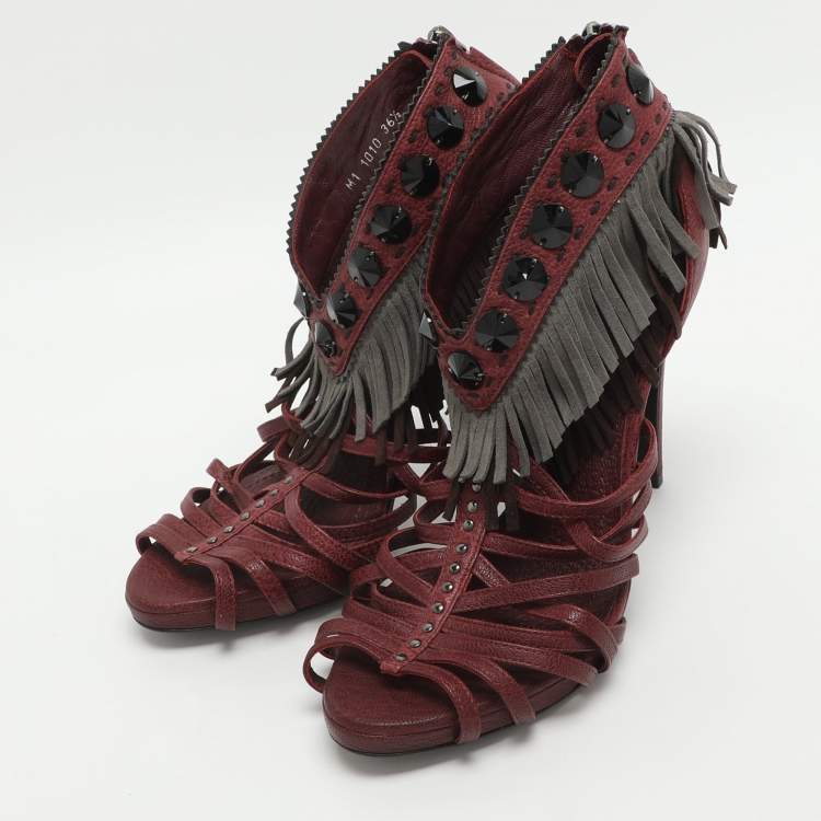 Pre Owned Dior Size 36.5 Burgundy Leather and Suede Fringe Ankle Strap Sandals