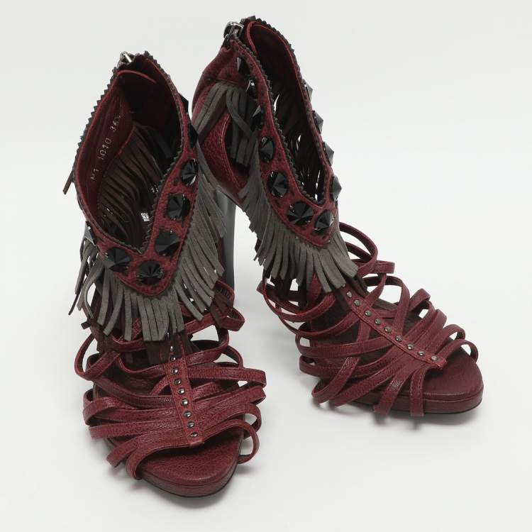 Pre Owned Dior Size 36.5 Burgundy Leather and Suede Fringe Ankle Strap Sandals