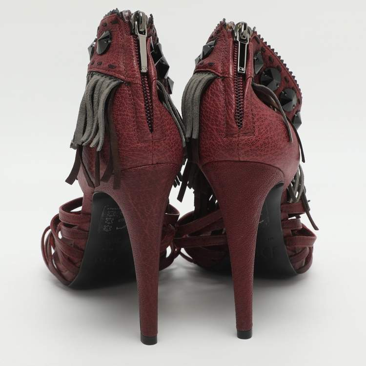 Pre Owned Dior Size 36.5 Burgundy Leather and Suede Fringe Ankle Strap Sandals