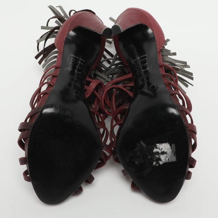 Pre Owned Dior Size 36.5 Burgundy Leather and Suede Fringe Ankle Strap Sandals