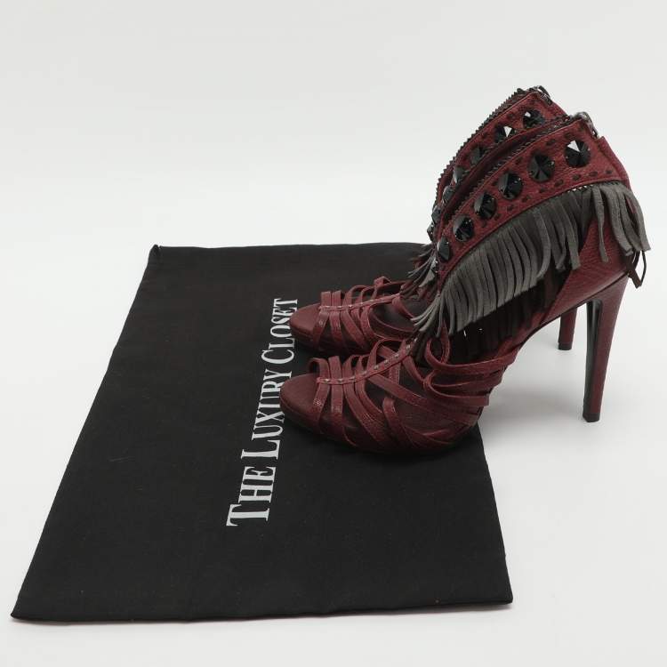 Pre Owned Dior Size 36.5 Burgundy Leather and Suede Fringe Ankle Strap Sandals