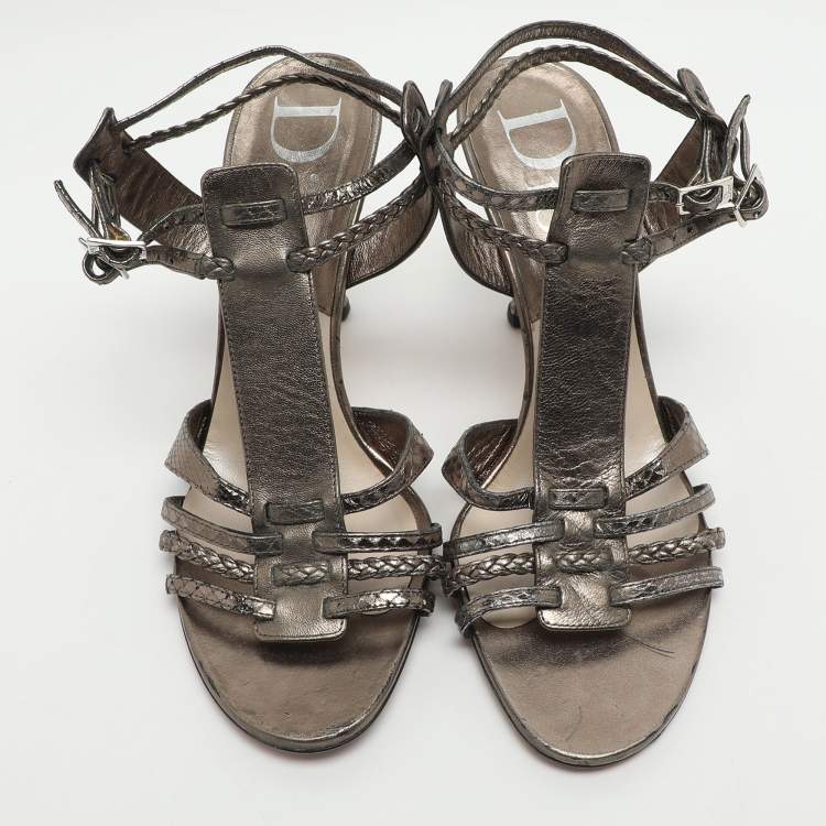 Pre Owned Dior Size 37 Metallic Metalic Leather and Python Leather Ankle Strap Sandals