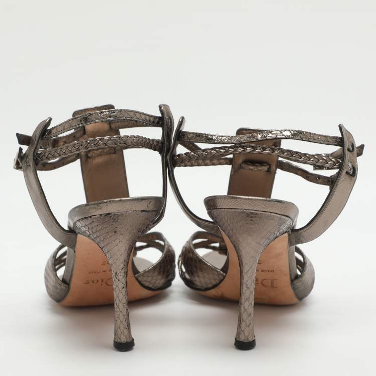 Pre Owned Dior Size 37 Metallic Metalic Leather and Python Leather Ankle Strap Sandals